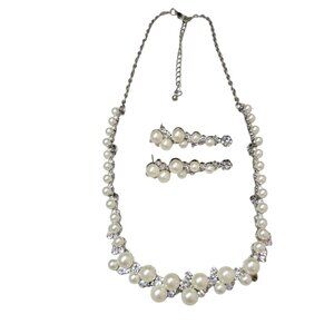 Bridal, Prom, Special Event Silver Plated Faux Pearl Rhinestone Necklace Set